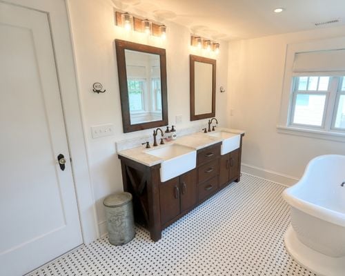 double bathroom farmhouse sinks by raymond design builders in connecticut